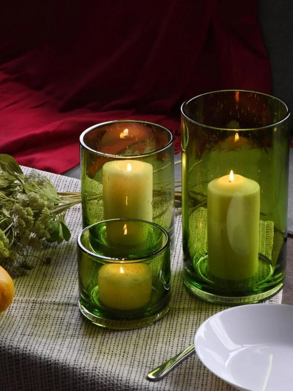 Set of 3 Spring Green Hurricane Candle Holders - Elegant Home Decor Accent